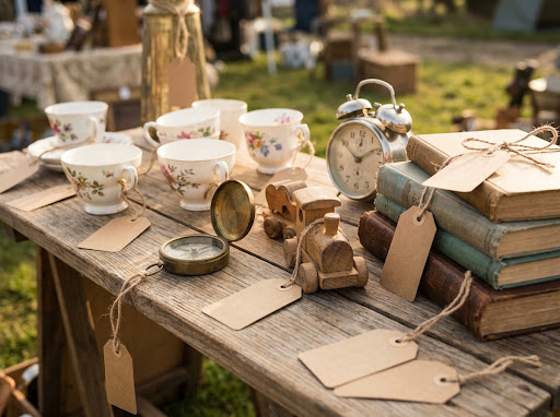 Tidy market stall table with assorted items and swing price tags