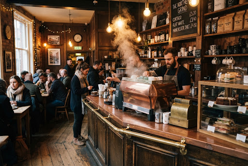 A busy traditional British cafe counter with warm hanging lights and brass details.