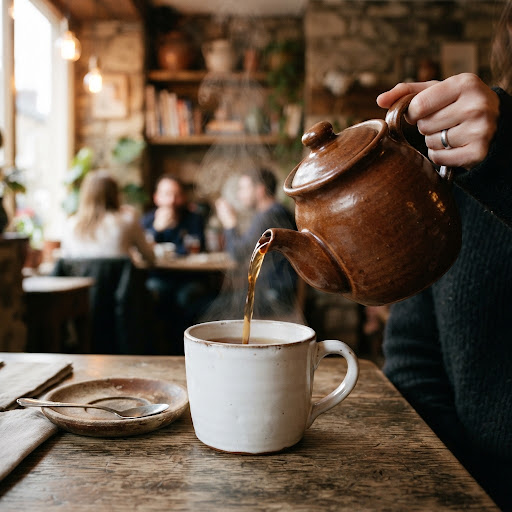 A heavy brown ceramic teapot pouring tea into a chunky mug, steam rising.