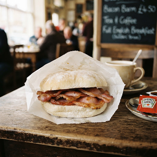 A bacon and egg barm cake on a scuffed wooden cafe table.