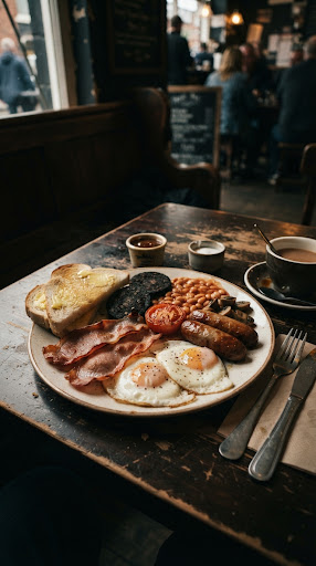 A warm, dimly lit traditional British cafe interior with dark wooden tables, a steaming cup of tea, and blurred figures in the background.