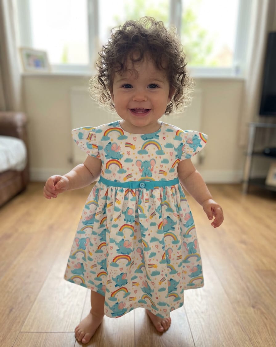 Playful elephant and rainbow dress